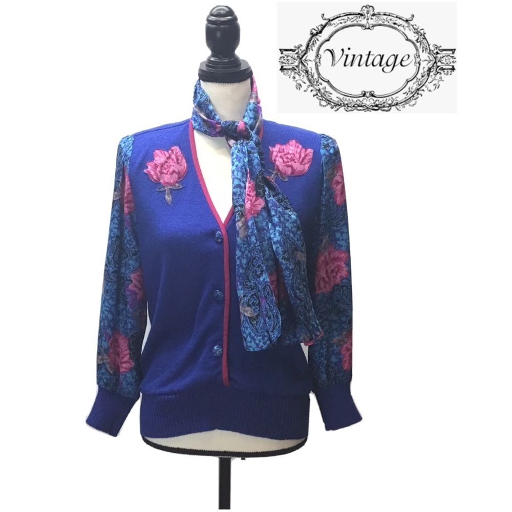 EUC Vintage Anthony Sicari 2pc Womens Blue Floral Scarf & Sweater Size 6